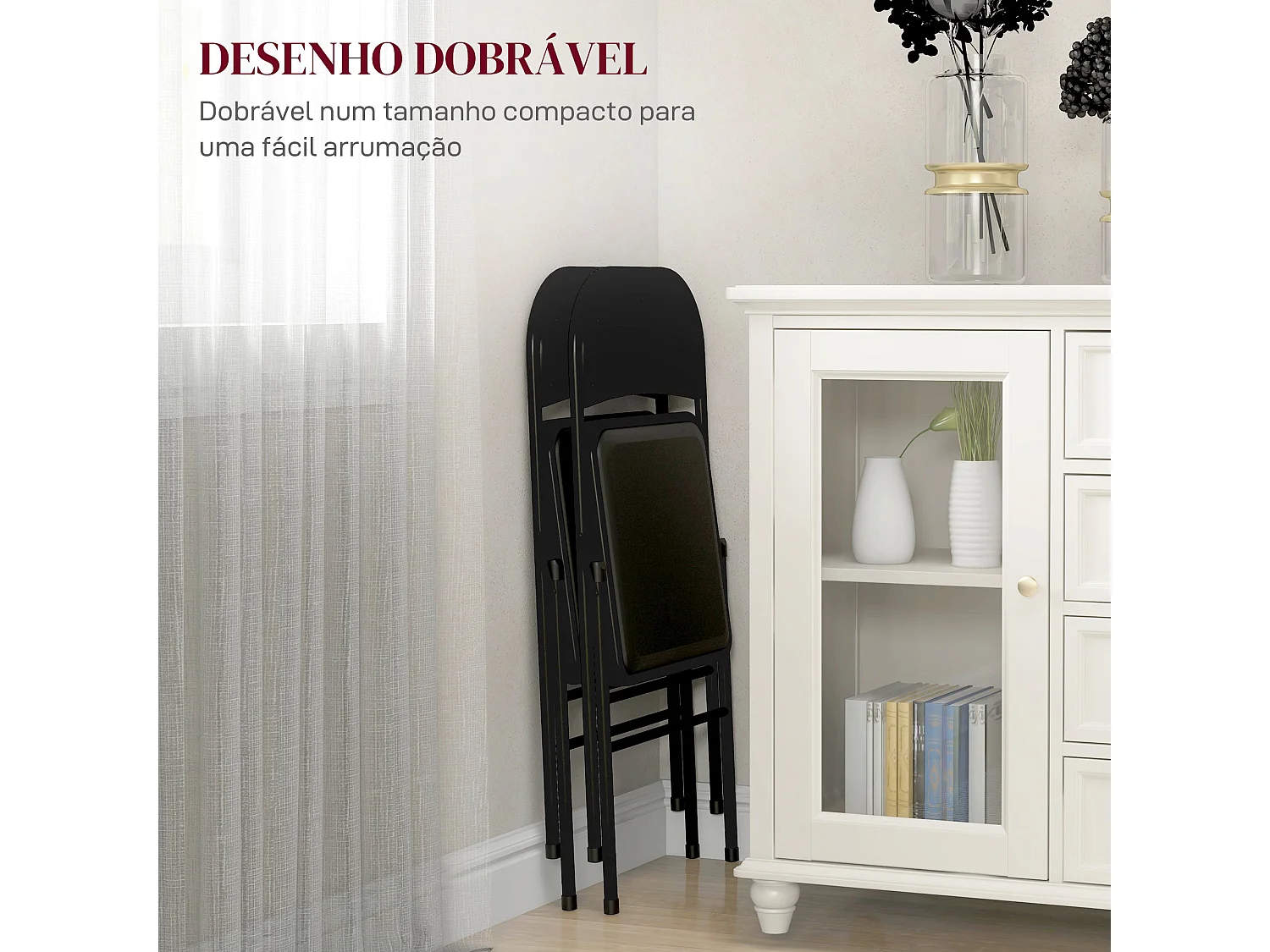 Conjunto de 2 Cadeiras Dobráveis com Encosto e Estrutura de Aço para Sala e Escritório - Modelo Trani Preto 45x46x78 cm