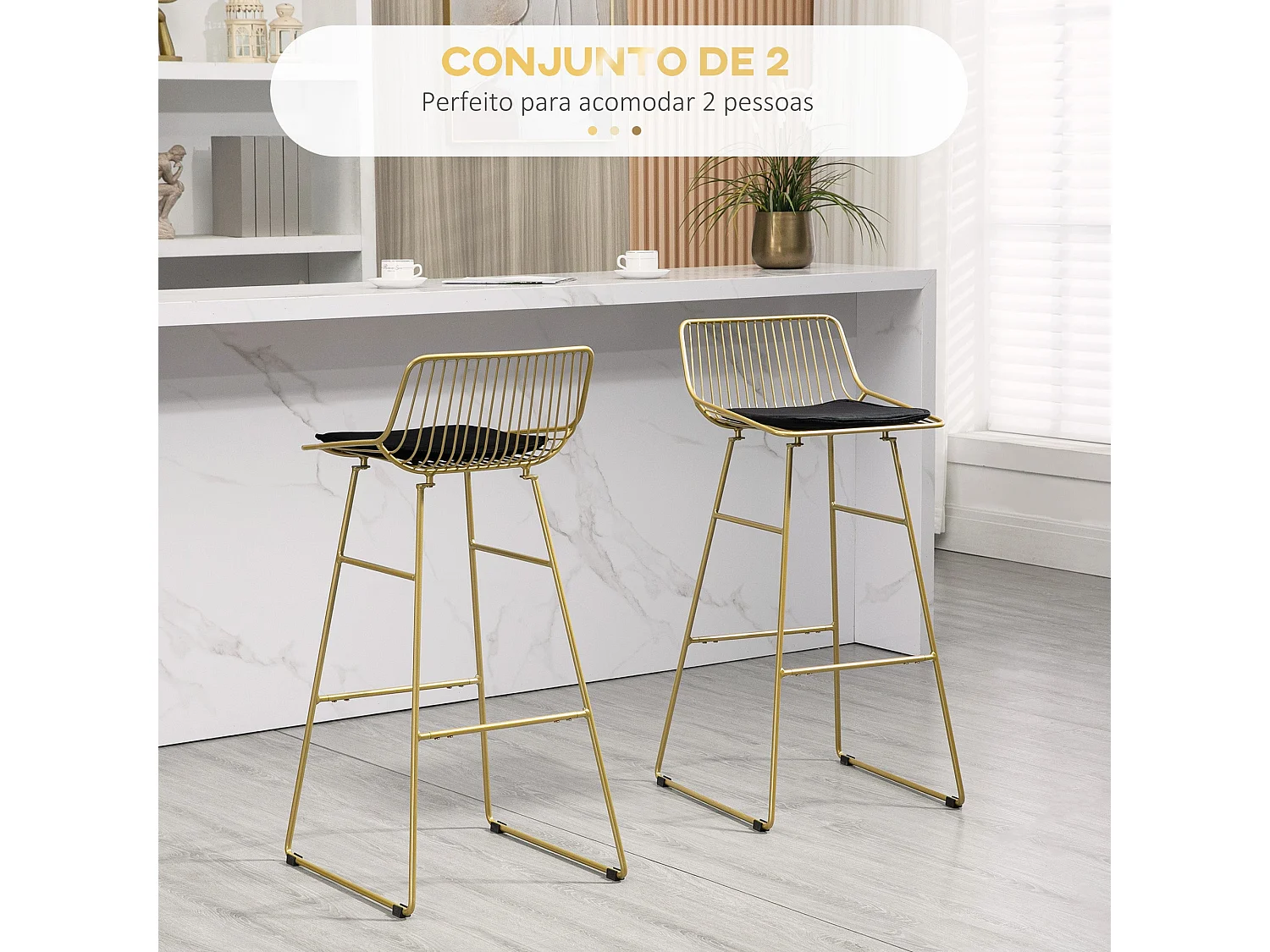 Pack de 2 taburetes Pepa Homcom cojín + respaldo dorado/negro 94,6x44,5x48 cm