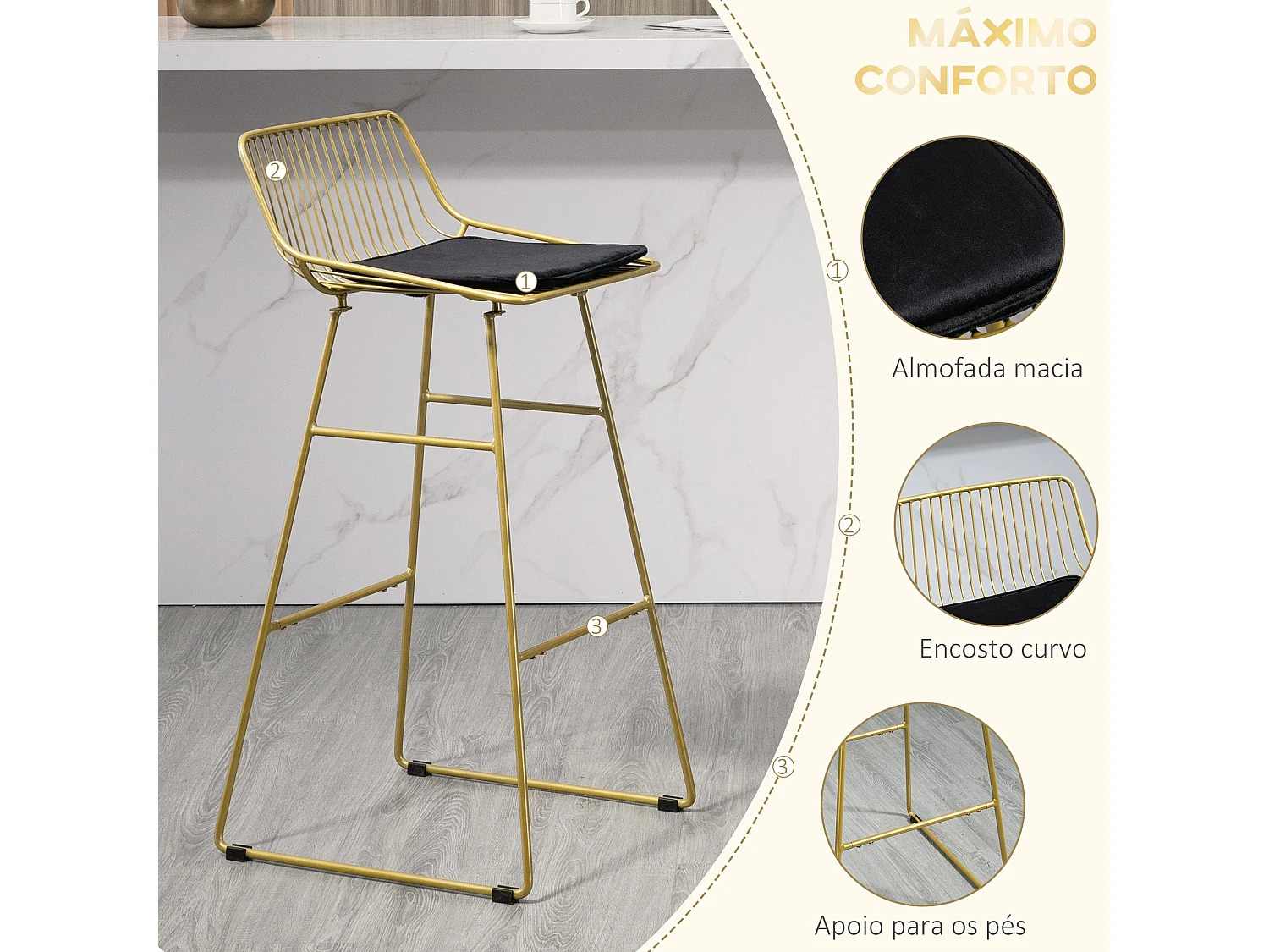 Pack de 2 taburetes Pepa Homcom cojín + respaldo dorado/negro 94,6x44,5x48 cm