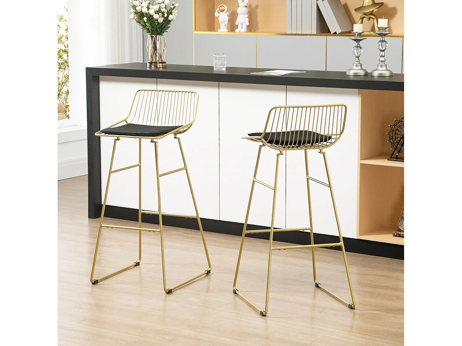 Pack de 2 taburetes Pepa Homcom cojín + respaldo dorado/negro 94,6x44,5x48 cm