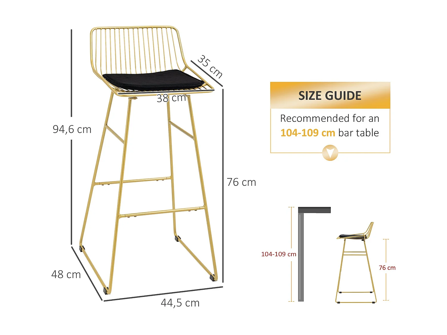 Pack de 2 taburetes Pepa Homcom cojín + respaldo dorado/negro 94,6x44,5x48 cm
