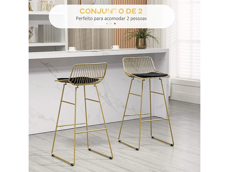 Conjunto de Bancos Altos de Cozinha Dourados com Encosto e Almofada - Modelo Biarritz