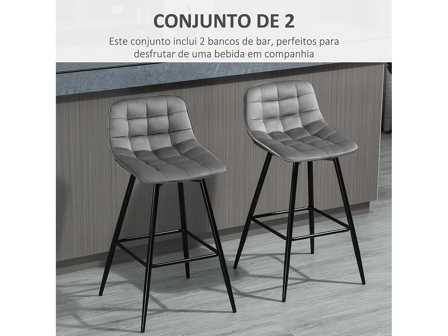 Pack de 2 taburetes Lunna Homcom con respaldo acolchado gris 84x45x47 cm