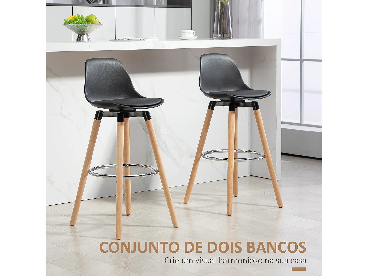 Conjunto Elegante de 2 Bancos de Bar Estofados em PU para Cozinha e Sala de Jantar