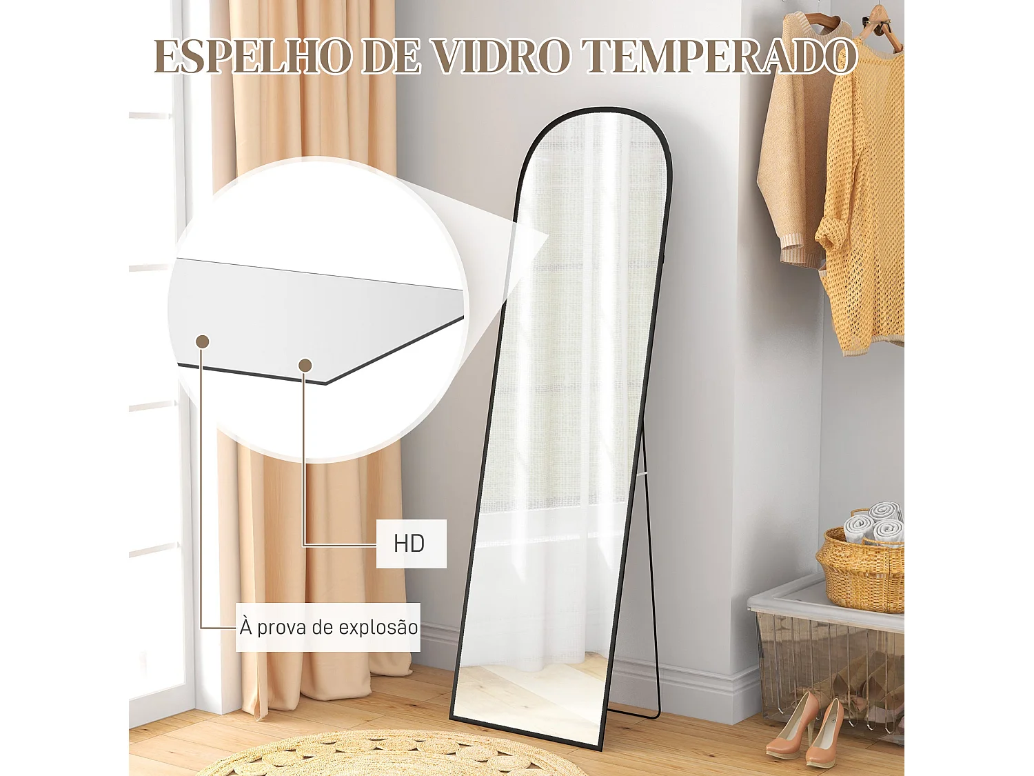 Espelho de Pé Ellen 50x170 cm em Alumínio Preto e Vidro Temperado para Decoração Elegante