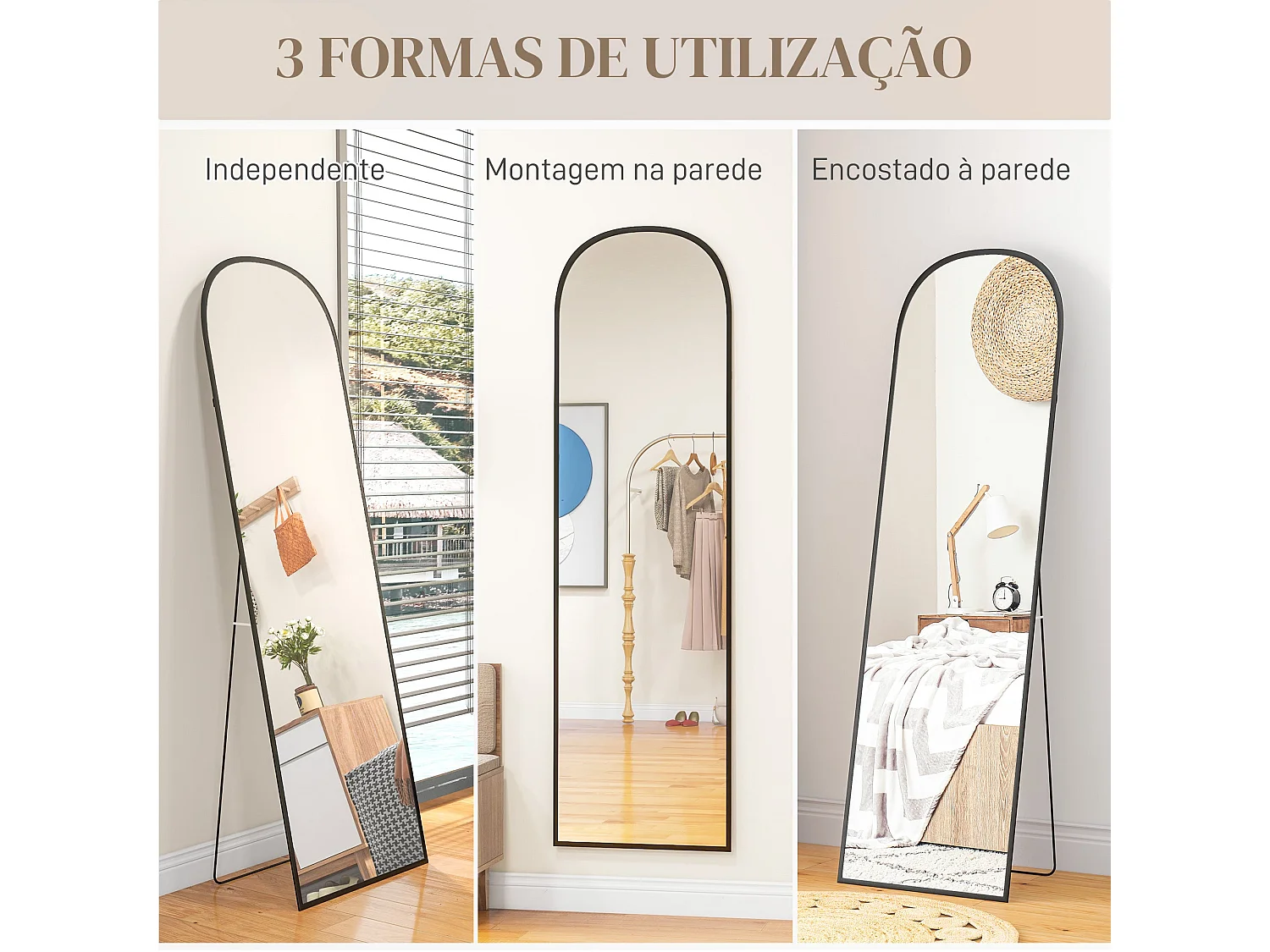 Espelho de Pé Ellen 50x170 cm em Alumínio Preto e Vidro Temperado para Decoração Elegante