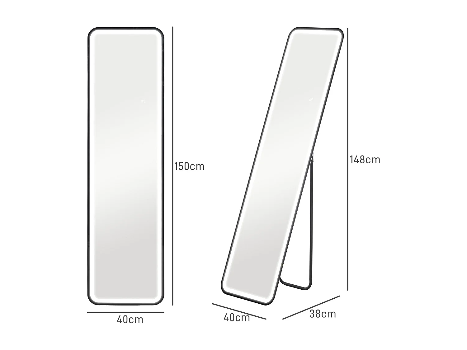 Espelho de Pé LED 40x150 cm com Função de Memória e Controlo Tátil para Quarto e Sala de Estar