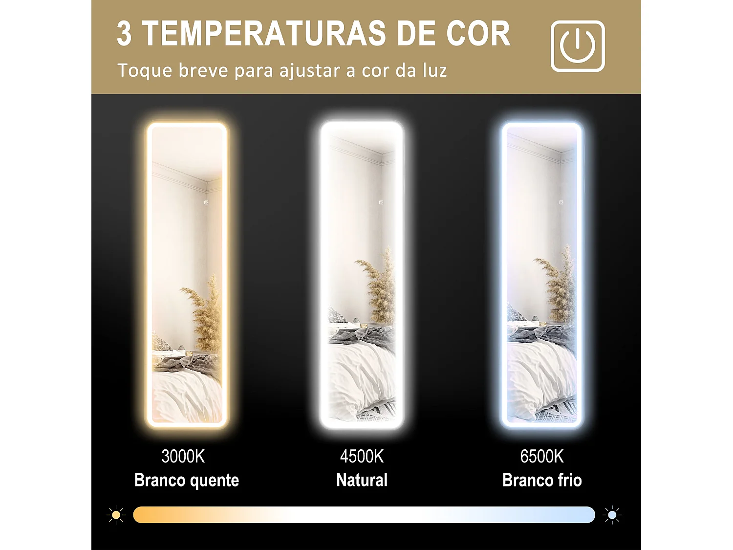 Espelho de Pé LED 40x150 cm com Função de Memória e Controlo Tátil para Quarto e Sala de Estar