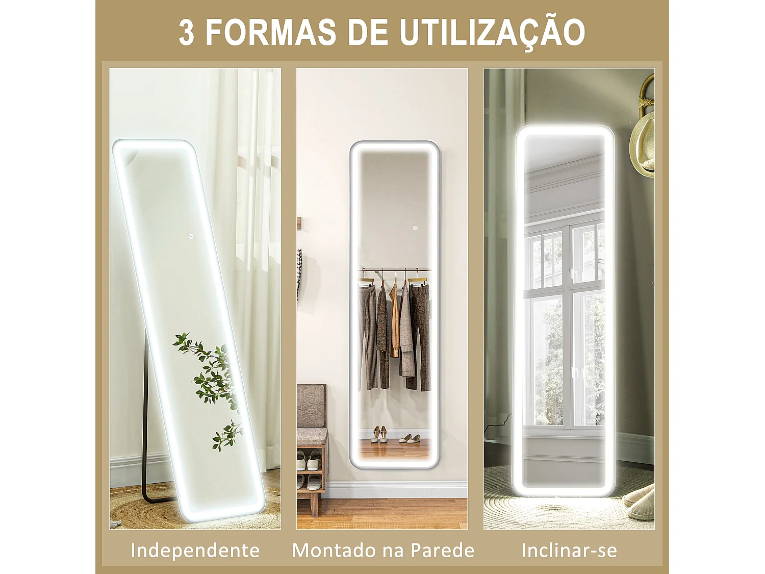 Espelho de Pé LED 40x150 cm com Função de Memória e Controlo Tátil para Quarto e Sala de Estar