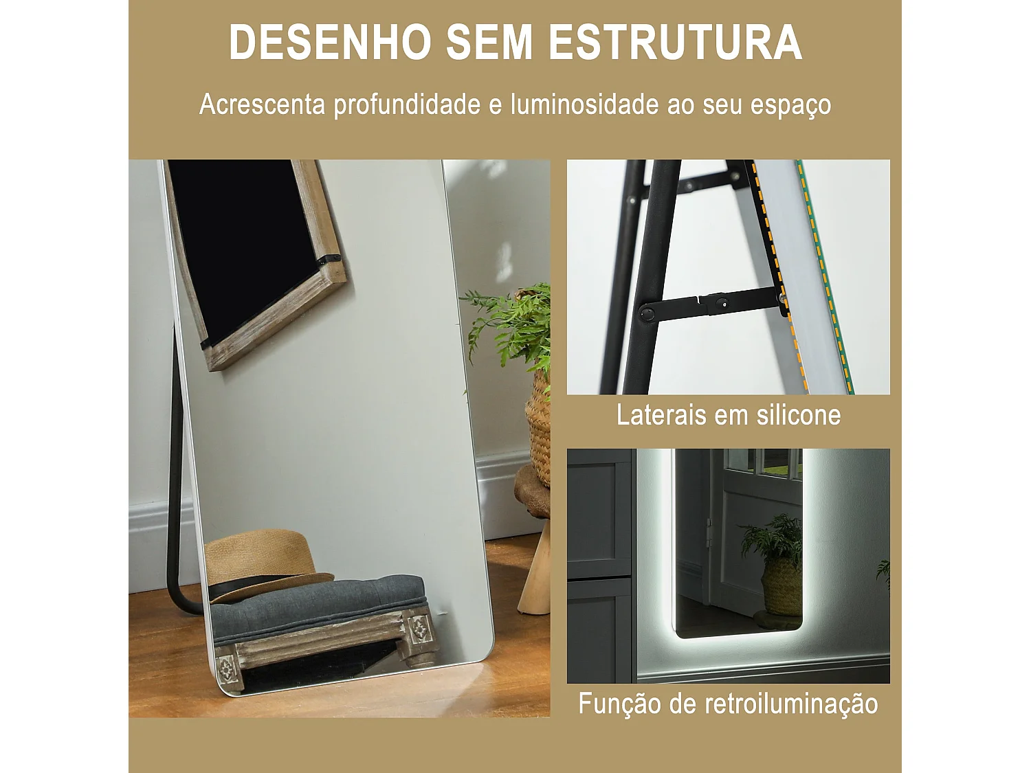 Espelho de Corpo Inteiro com Luz LED - 40x150 cm - Função de Memória e Ajuste de Brilho - Ideal para Qualquer Ambiente