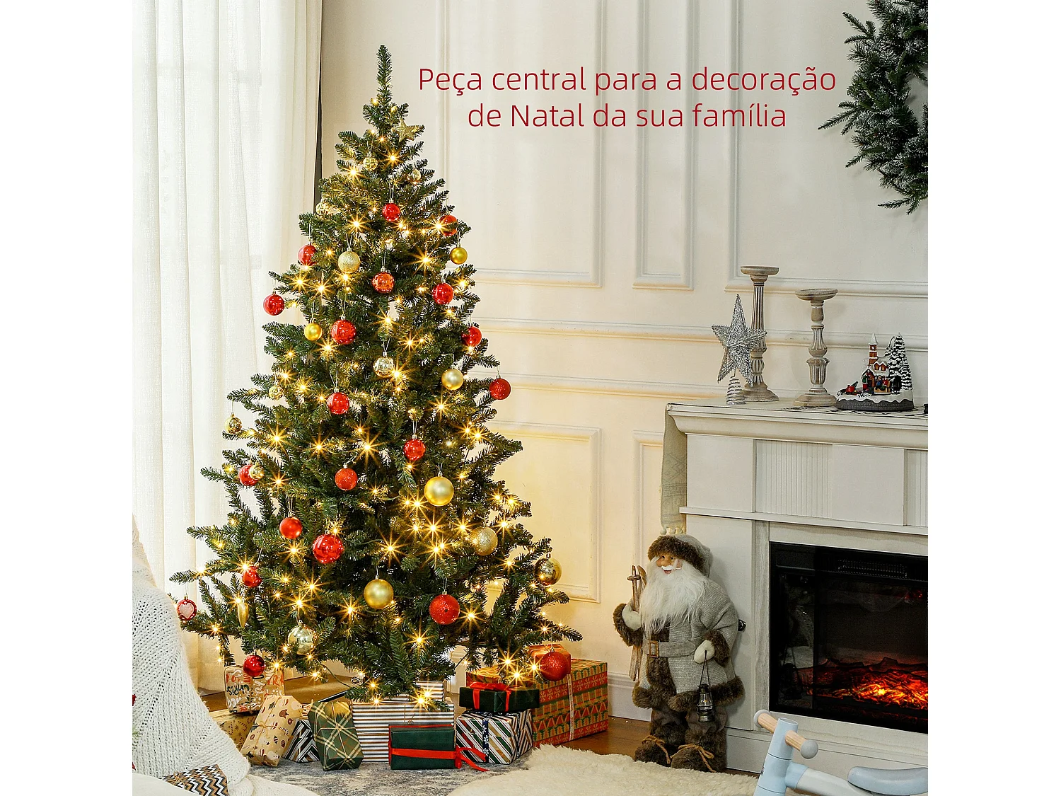 Árvore de Natal Artificial Verde 180 cm com Luzes LED e Suporte Metal