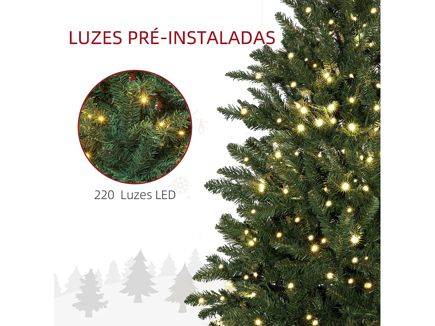 Árvore de Natal Artificial Verde 180 cm com Luzes LED e Suporte Metal