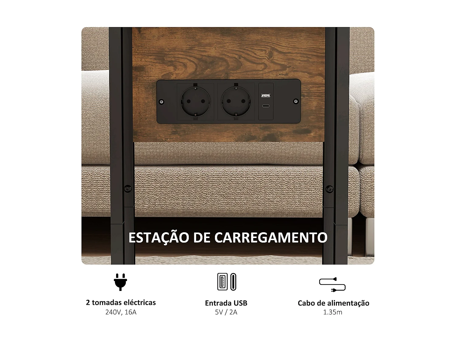 Mesa auxiliar Anhelo Homcom diseño plegable con estación de carga marrón 57x39x29 cm