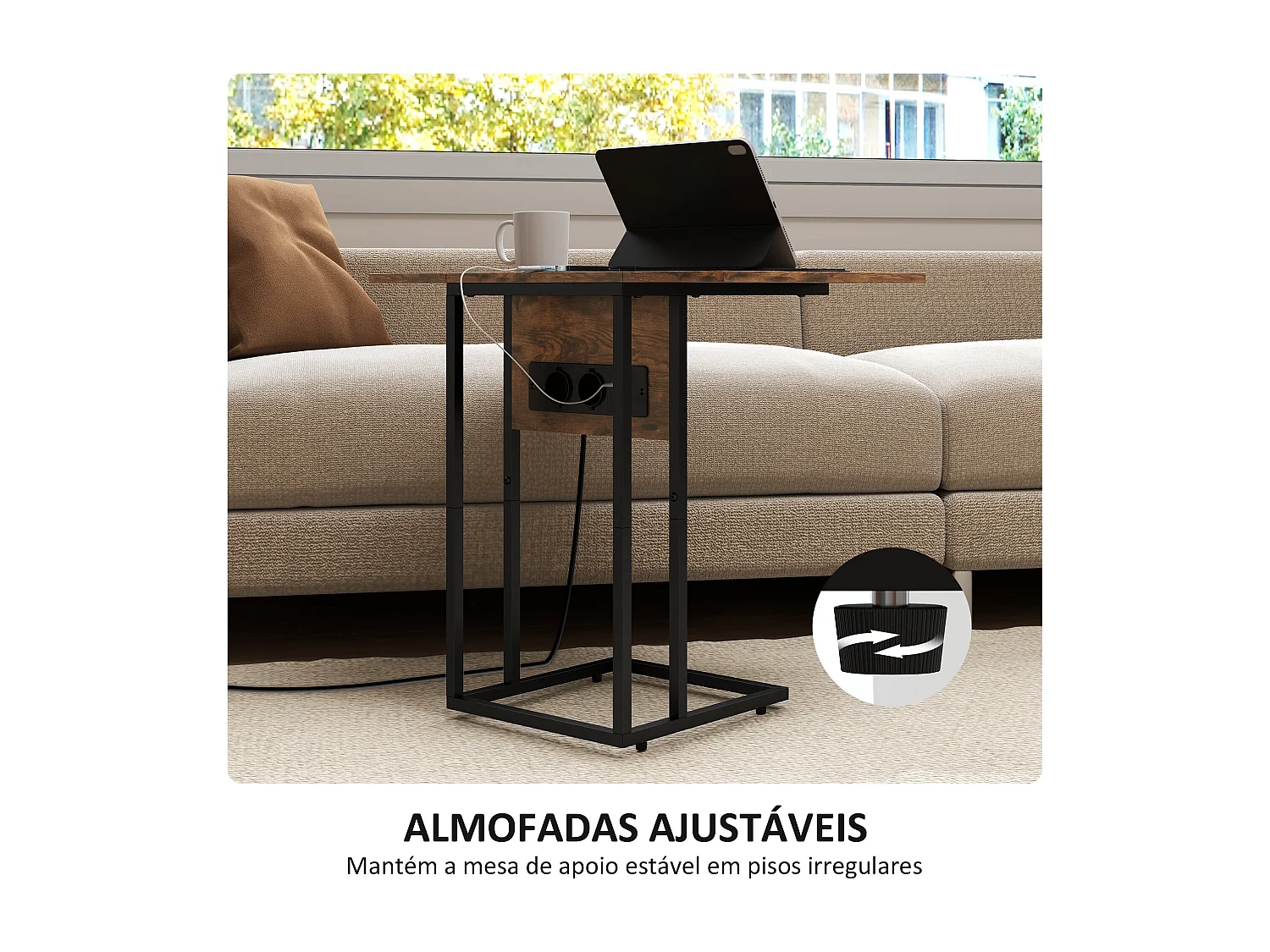 Mesa auxiliar Anhelo Homcom diseño plegable con estación de carga marrón 57x39x29 cm