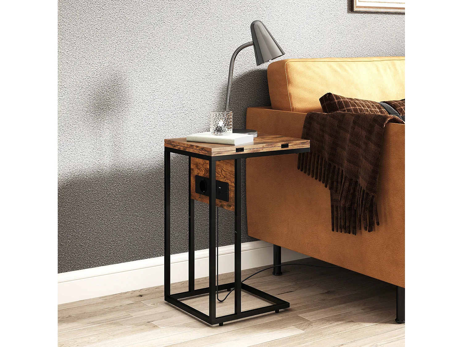 Mesa auxiliar Anhelo Homcom diseño plegable con estación de carga marrón 57x39x29 cm