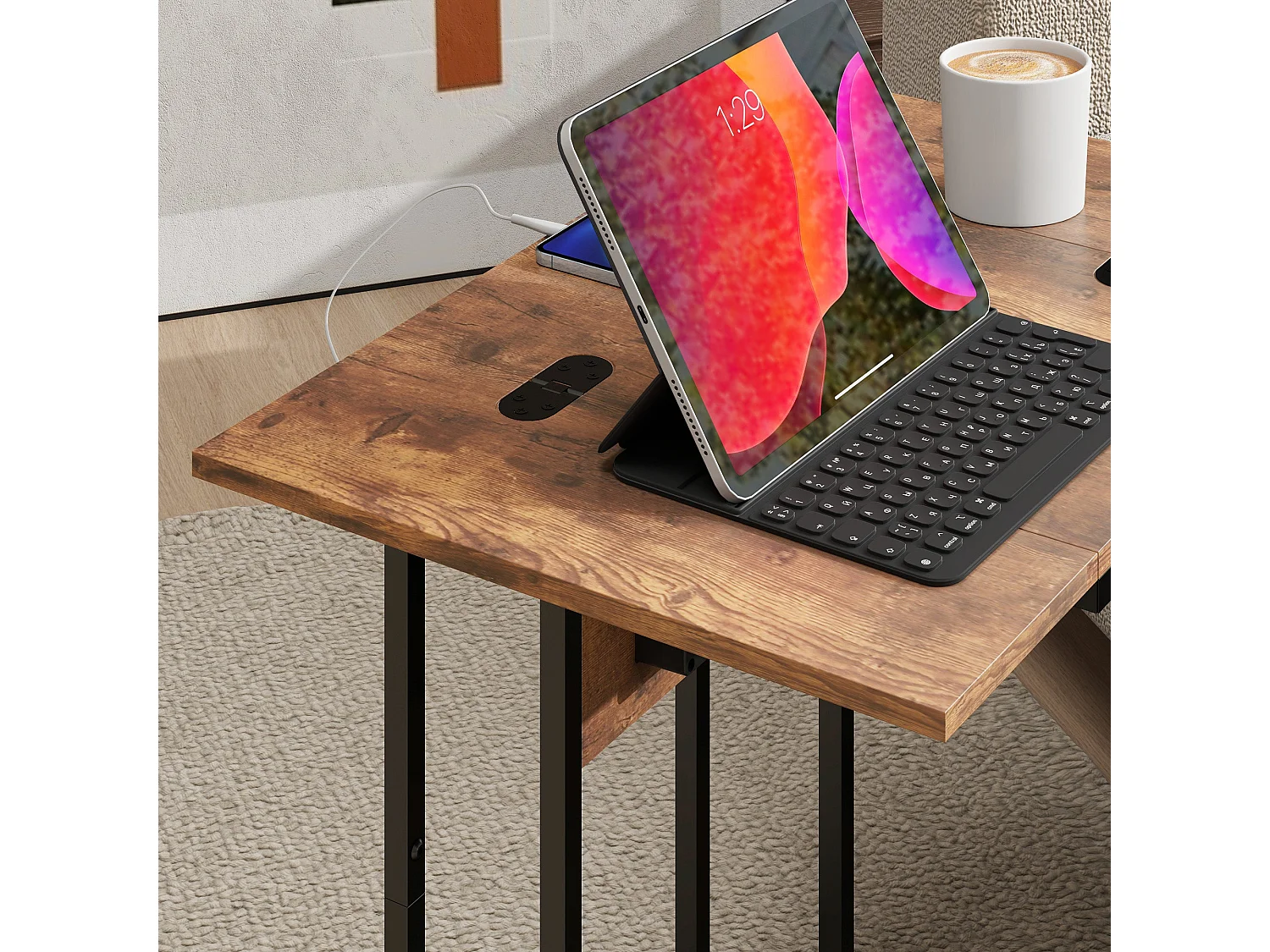 Mesa auxiliar Anhelo Homcom diseño plegable con estación de carga marrón 57x39x29 cm