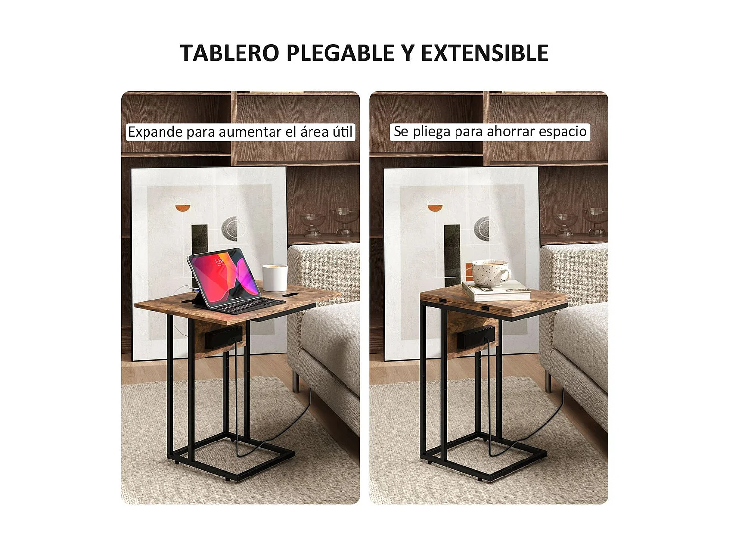 Mesa auxiliar Anhelo Homcom diseño plegable con estación de carga marrón 57x39x29 cm