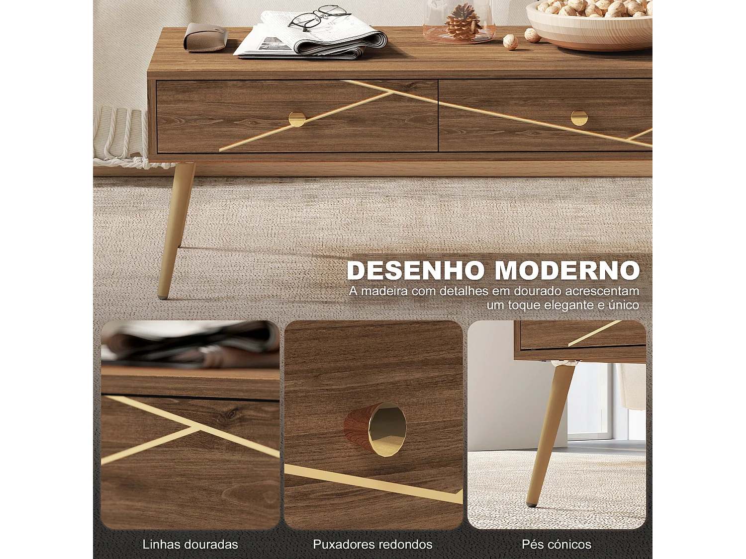 Mesa de Centro Moderna com 2 Gavetas e Estrutura de Aço - Ideal para Sala de Estar e Dormitório