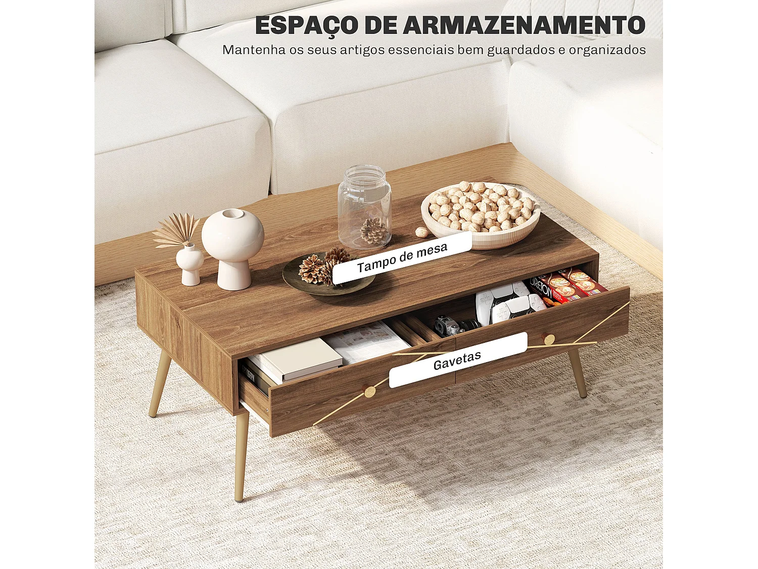 Mesa de Centro Moderna com 2 Gavetas e Estrutura de Aço - Ideal para Sala de Estar e Dormitório