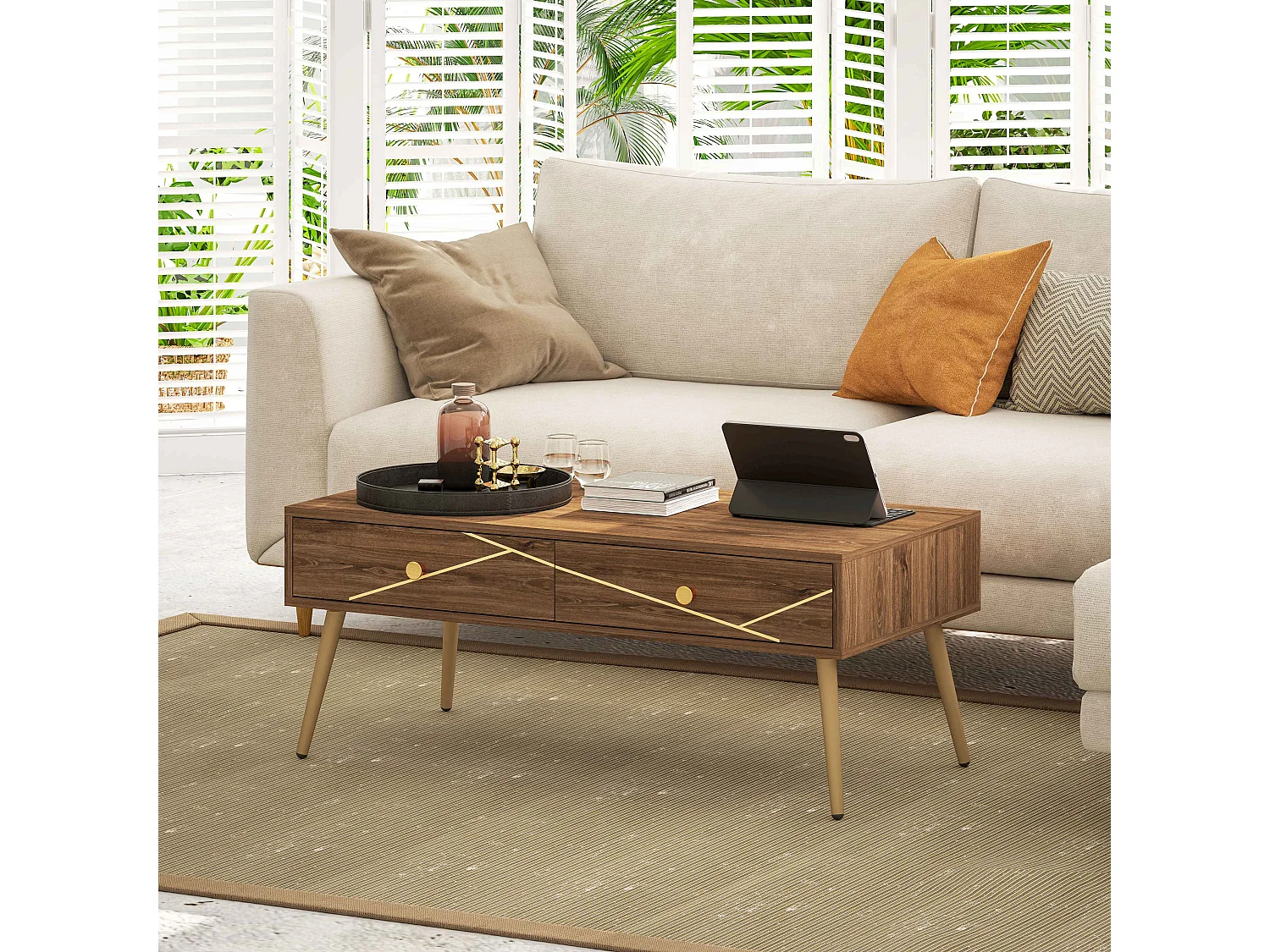 Mesa de Centro Moderna com 2 Gavetas e Estrutura de Aço - Ideal para Sala de Estar e Dormitório