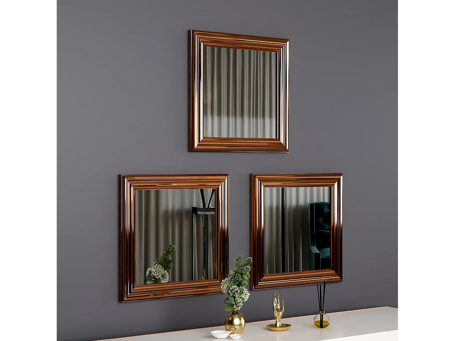 Conjunto de Espelhos Moderno 'Balle' em Bronze - 3 Peças 40x40x3cm