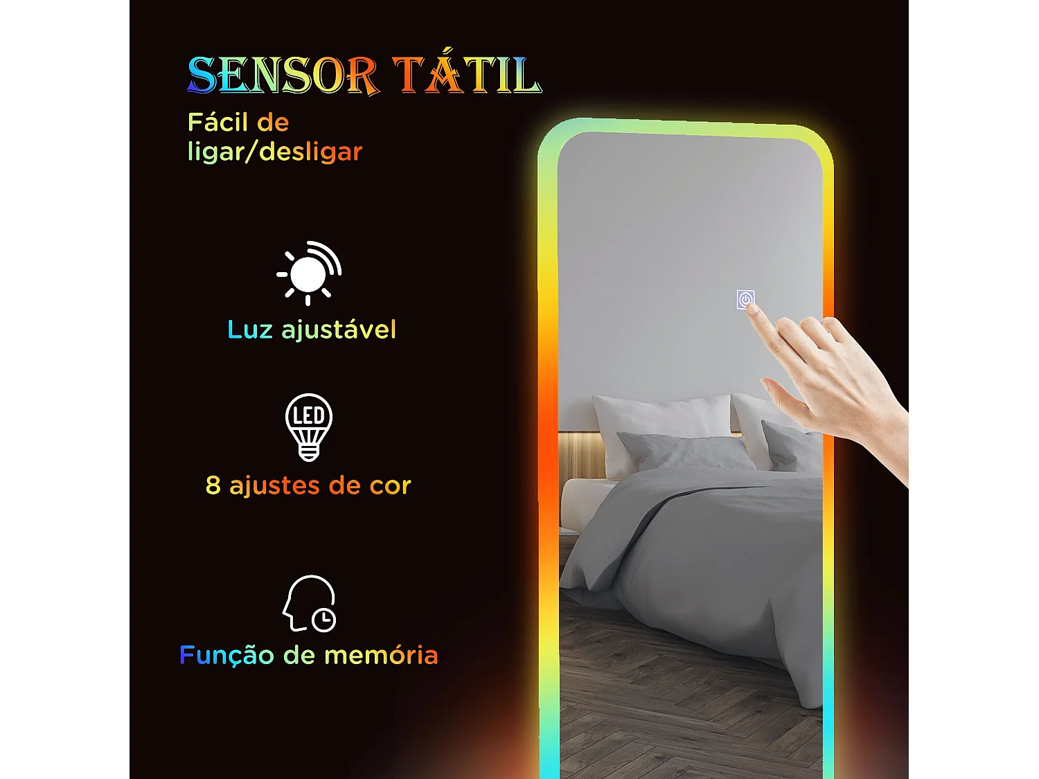 Espelho de Corpo Inteiro com Luzes LED Ajustáveis e Memória RGB - 120x40 cm - Prata Uppsala