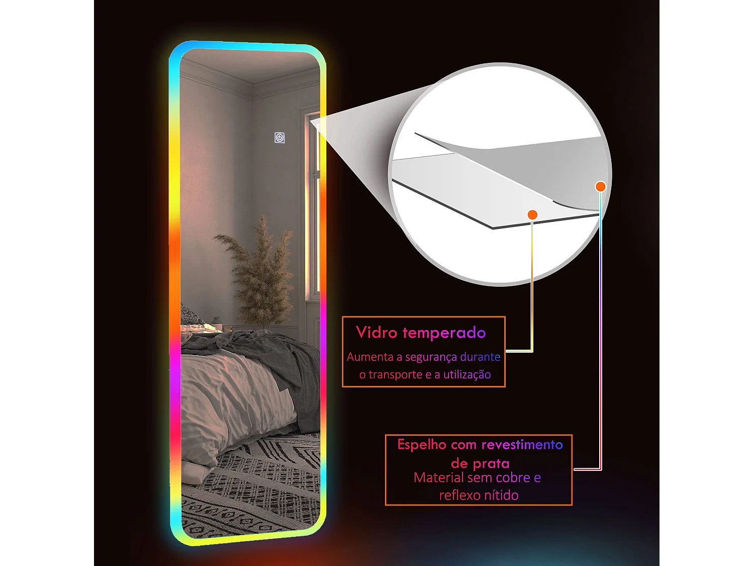 Espelho de Corpo Inteiro com Luzes LED Ajustáveis e Memória RGB - 120x40 cm - Prata Uppsala