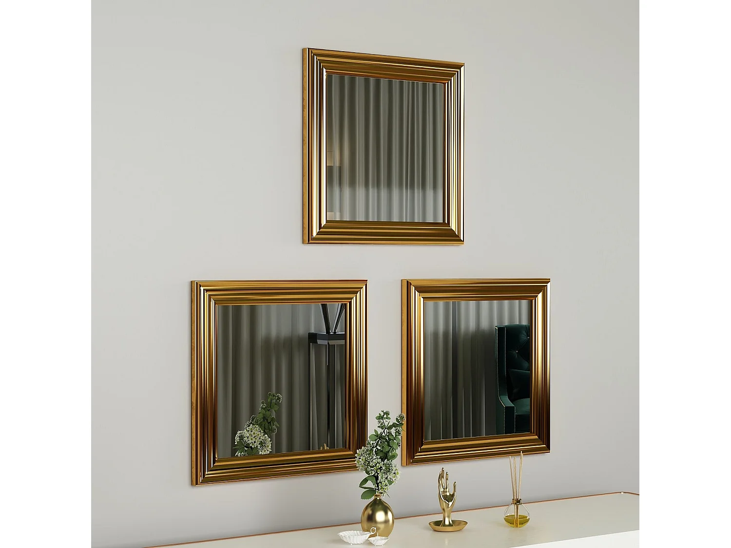 Conjunto de Espelhos Dourados 'Balle' - 3 Peças - Design Moderno 40x40x3cm