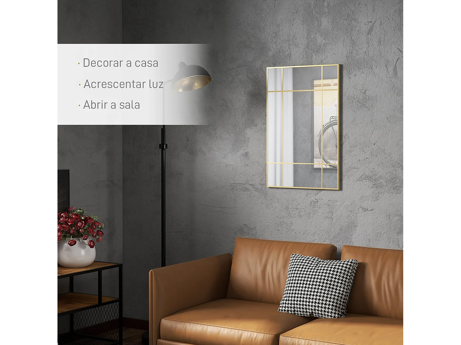 Espelho de Parede Retangular Dourado Estilo Janela 90x60 cm com Moldura de Metal para Sala e Quarto