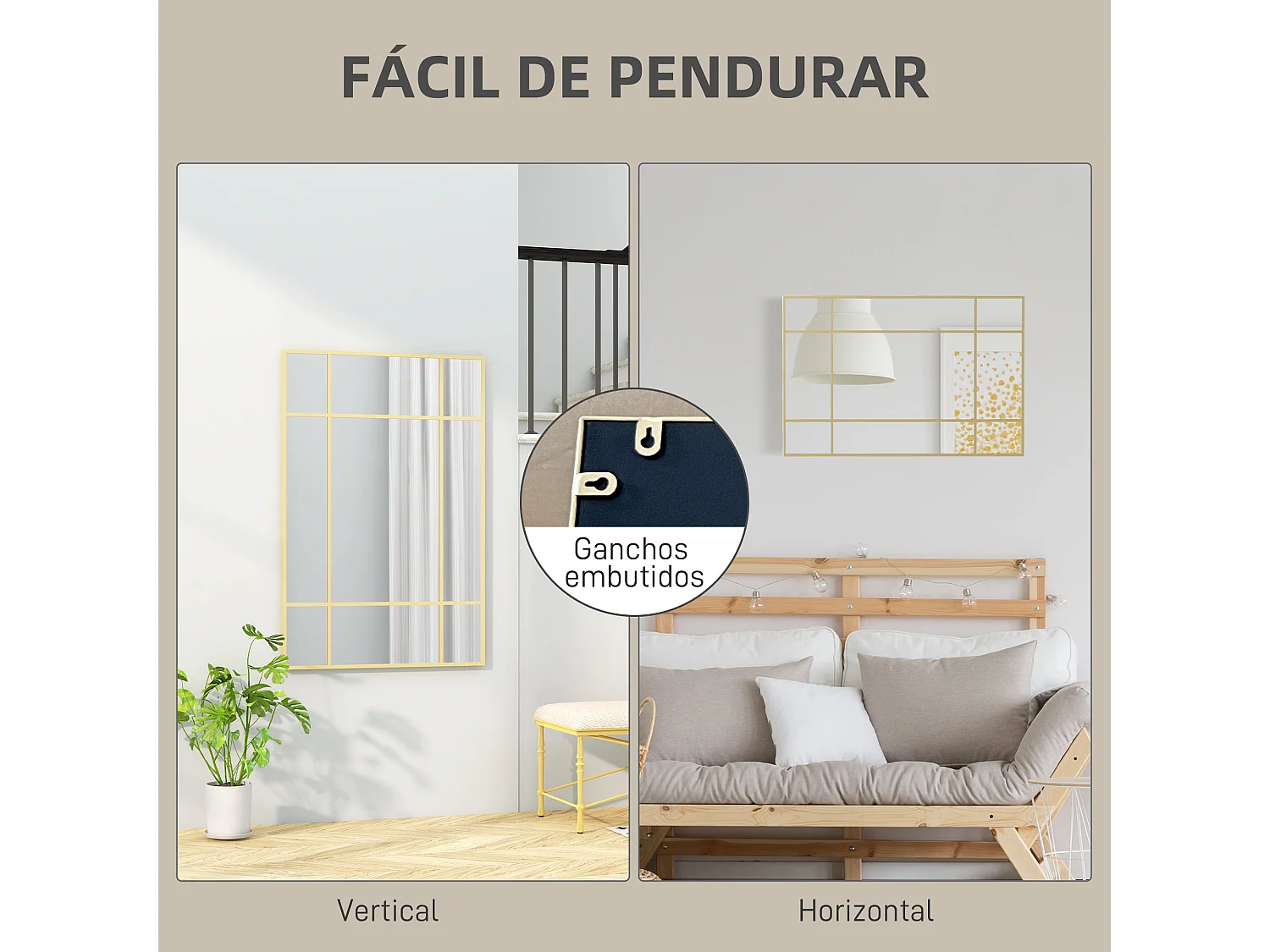 Espelho de Parede Retangular Dourado Estilo Janela 90x60 cm com Moldura de Metal para Sala e Quarto