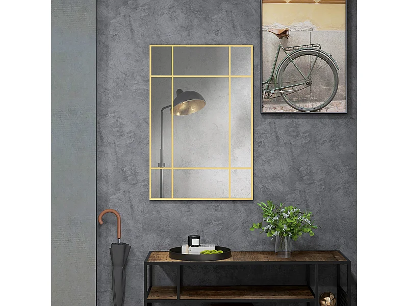 Espelho de Parede Retangular Dourado Estilo Janela 90x60 cm com Moldura de Metal para Sala e Quarto