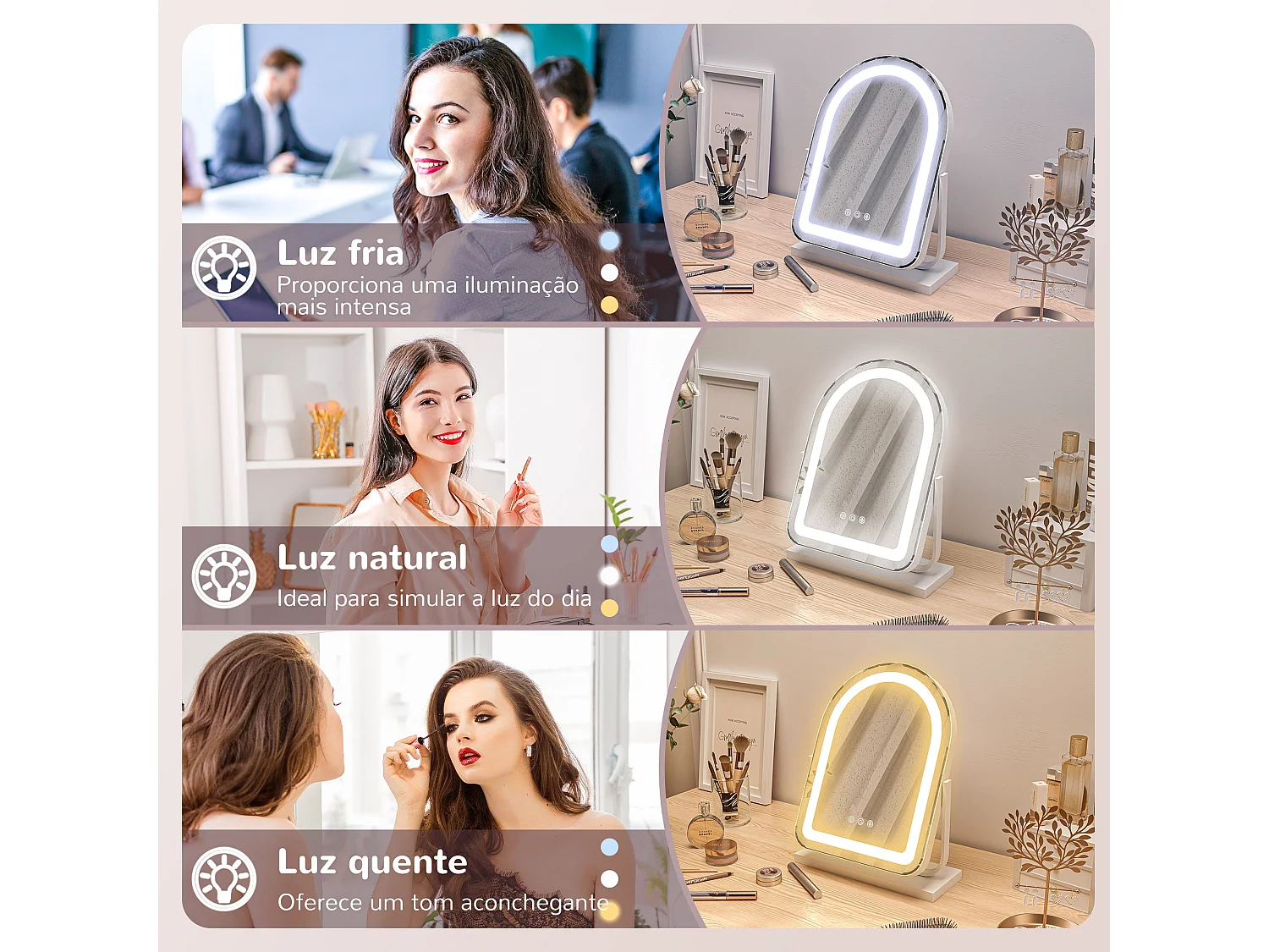 Espelho LED Modello Luce com Rotação 360° e Iluminação Ajustável para Maquilhagem Perfeita