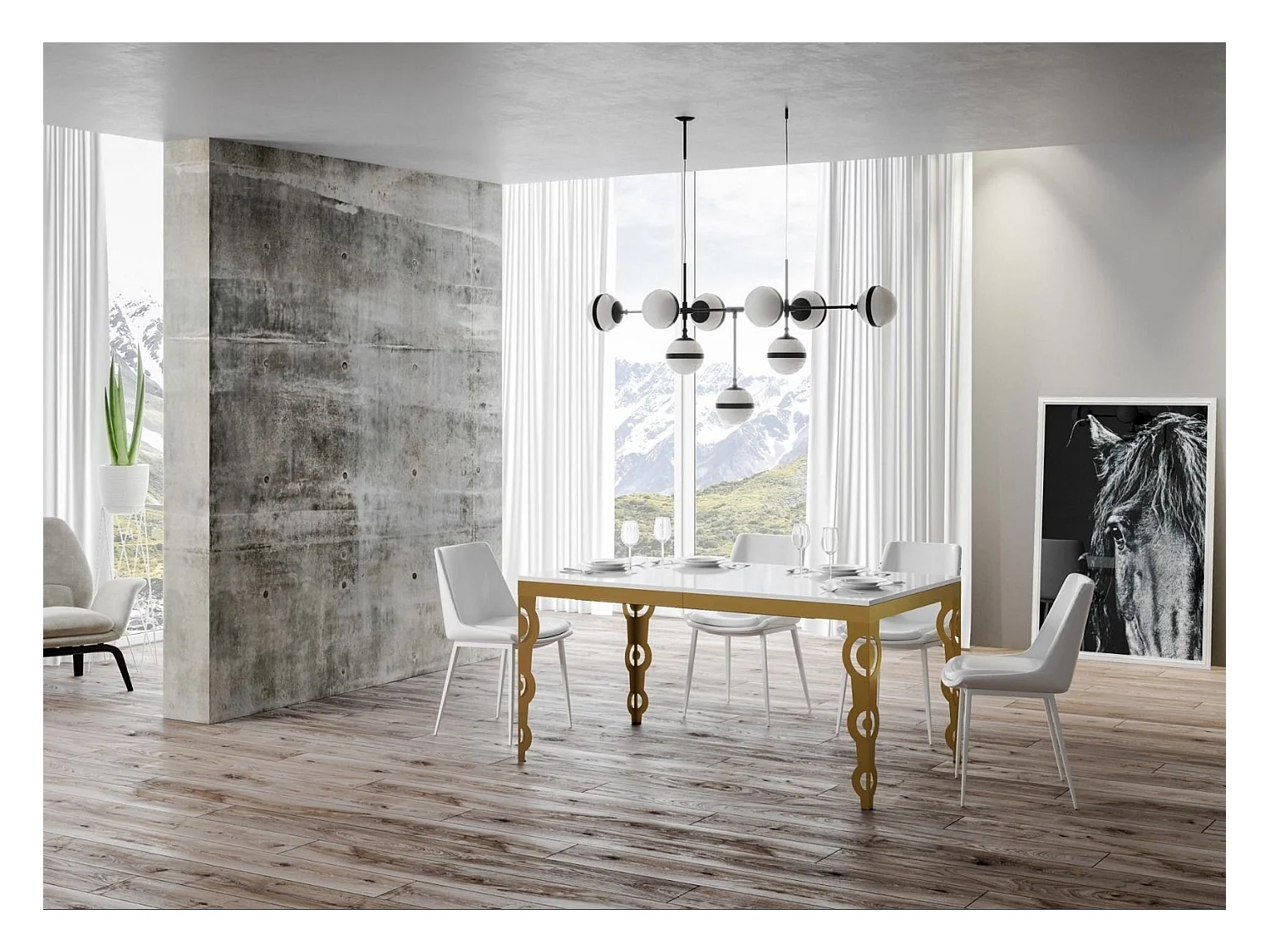 Table rectangulaire extensible oriental 6 à 20 personnes L 180 à 440cm blanc brillant et cadre métal doré Kazay