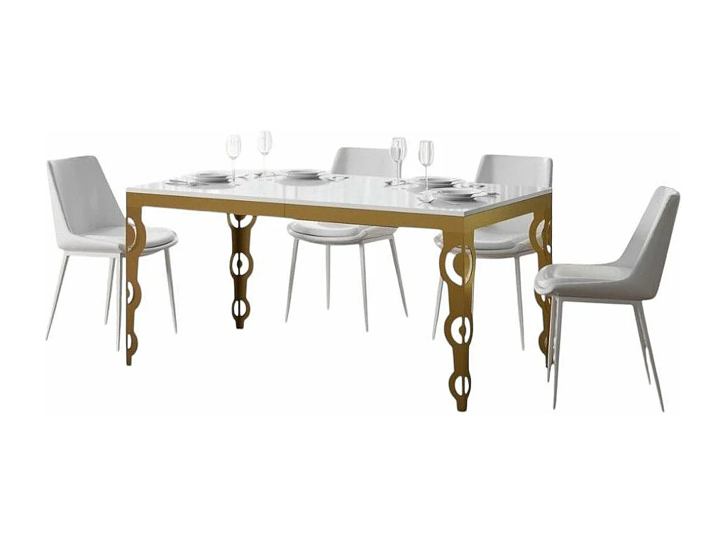 Oosterse uitschuifbare rechthoekige tafel voor 6 tot 20 personen L 180 tot 440 cm glanzend wit en goud metalen frame Kazay