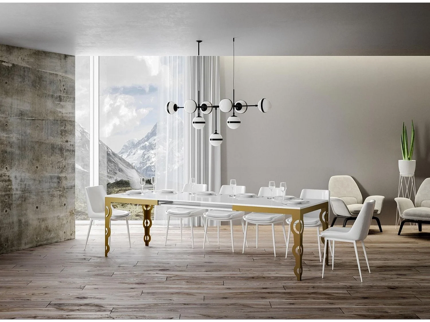 Oosterse uitschuifbare rechthoekige tafel voor 6 tot 20 personen L 180 tot 440 cm glanzend wit en goud metalen frame Kazay