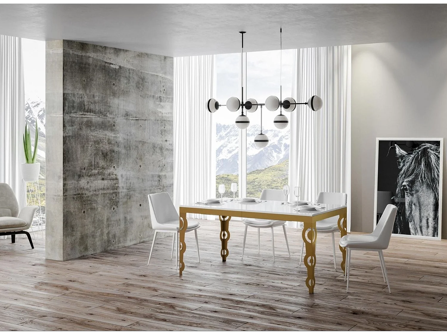 Oosterse uitschuifbare rechthoekige tafel voor 6 tot 20 personen L 180 tot 440 cm glanzend wit en goud metalen frame Kazay