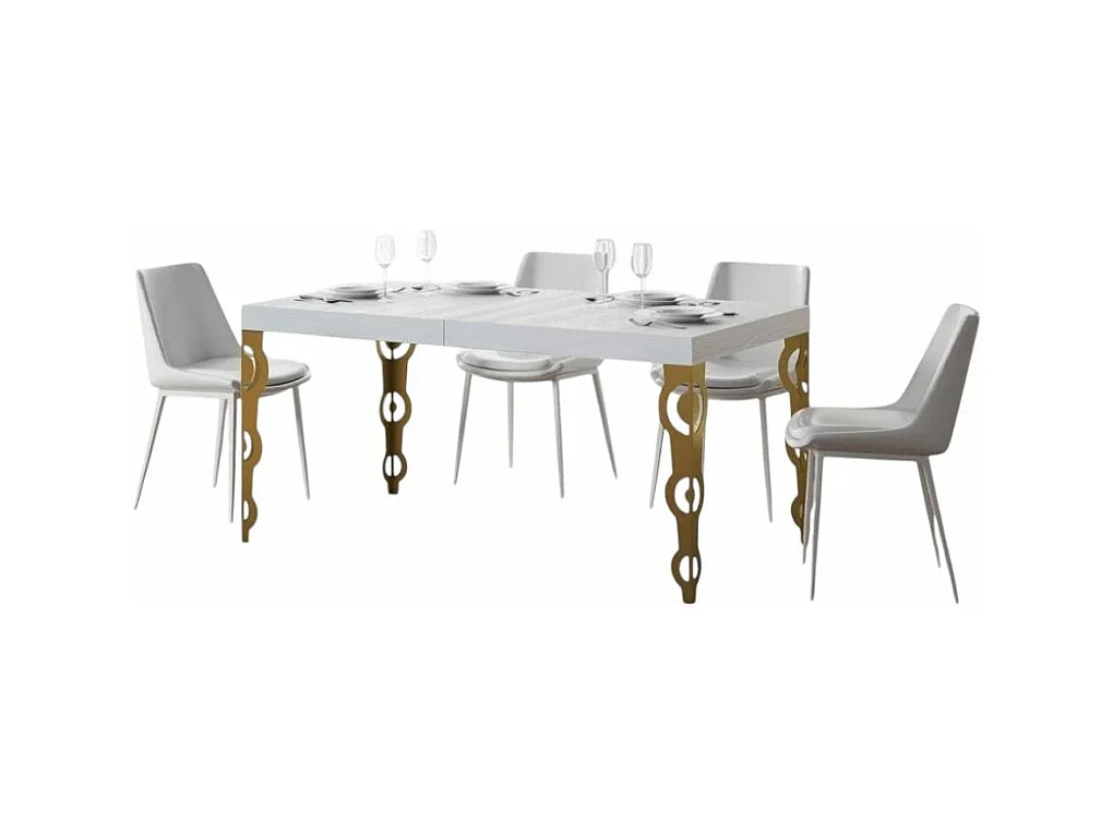 Table rectangulaire extensible orientale 6 à 10 personnes L 160 à 264cm frêne blanc et pieds métal doré Kazay
