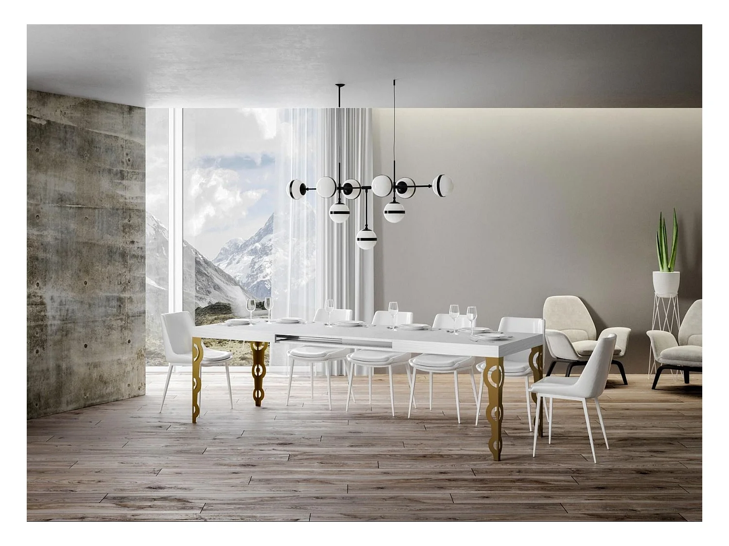 Table rectangulaire extensible orientale 6 à 10 personnes L 160 à 264cm frêne blanc et pieds métal doré Kazay