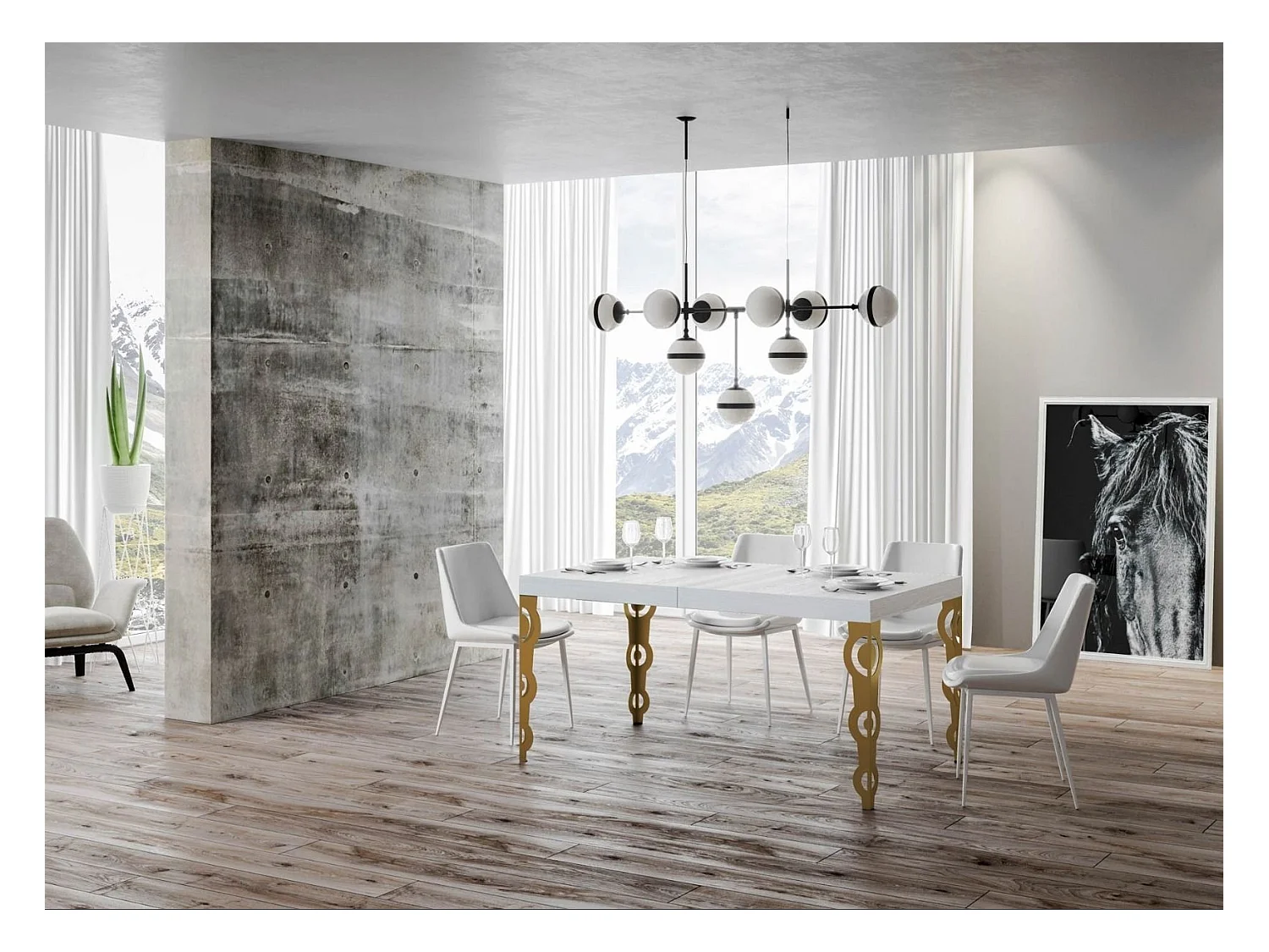 Table rectangulaire extensible orientale 6 à 10 personnes L 160 à 264cm frêne blanc et pieds métal doré Kazay