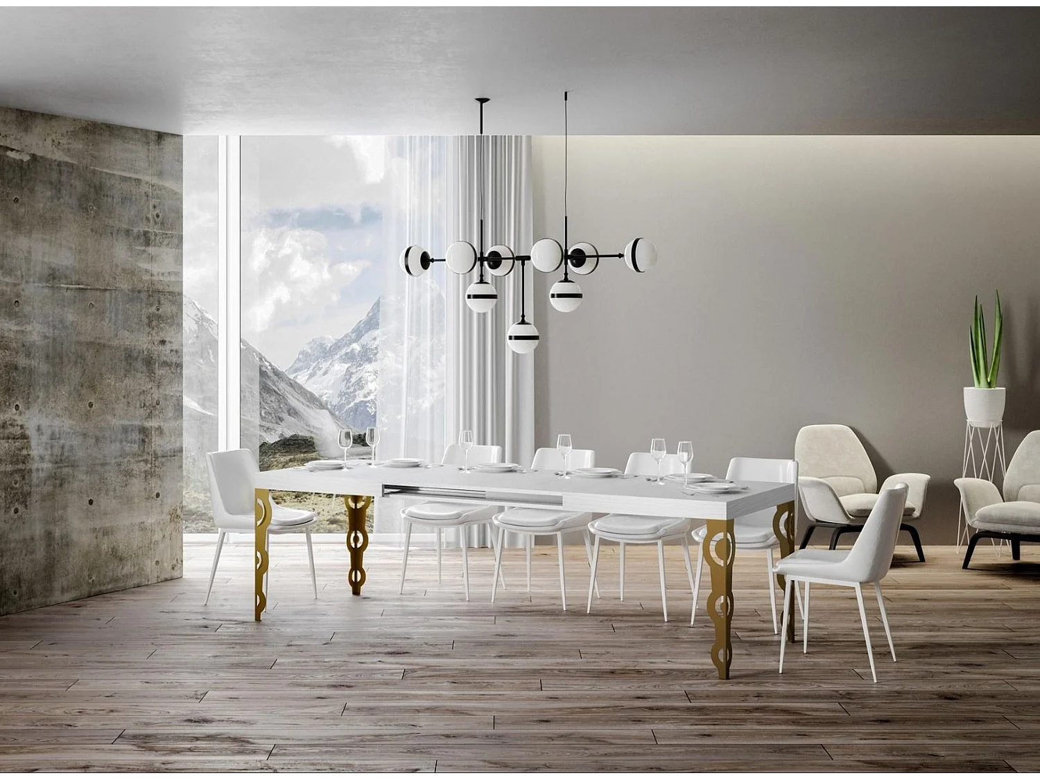 Table rectangulaire extensible orientale 6 à 10 personnes L 160 à 264cm frêne blanc et pieds métal doré Kazay