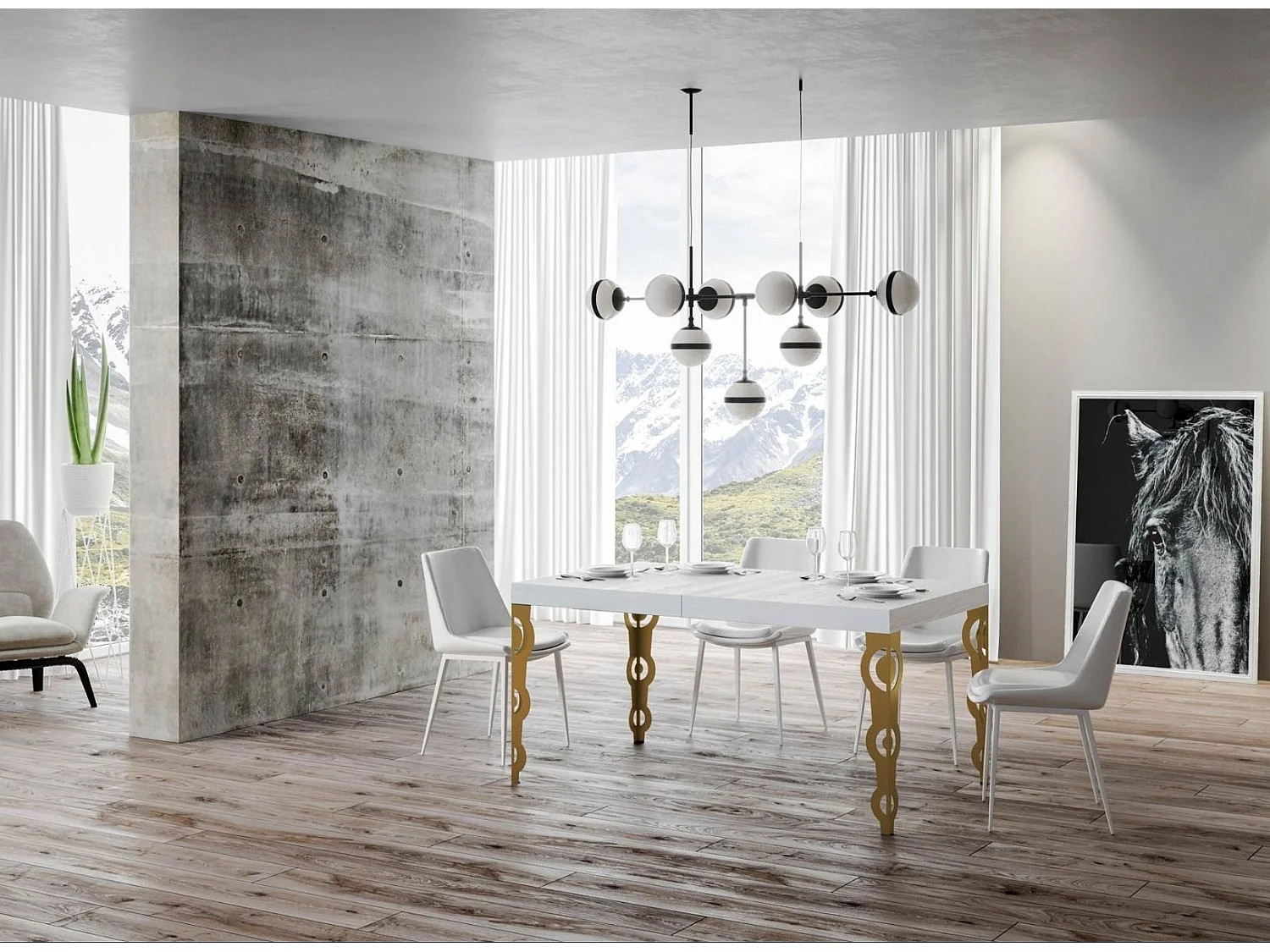 Table rectangulaire extensible orientale 6 à 10 personnes L 160 à 264cm frêne blanc et pieds métal doré Kazay