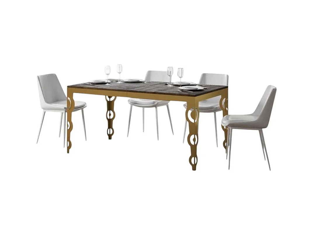 Table rectangulaire extensible orientale 6 à 10 personnes L 120 à 224cm bois foncé et cadre métal doré Kazay