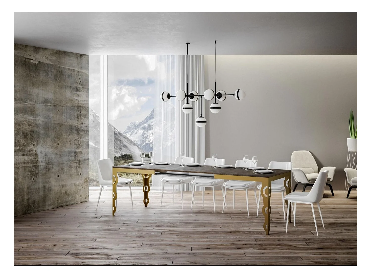 Table rectangulaire extensible orientale 6 à 10 personnes L 120 à 224cm bois foncé et cadre métal doré Kazay