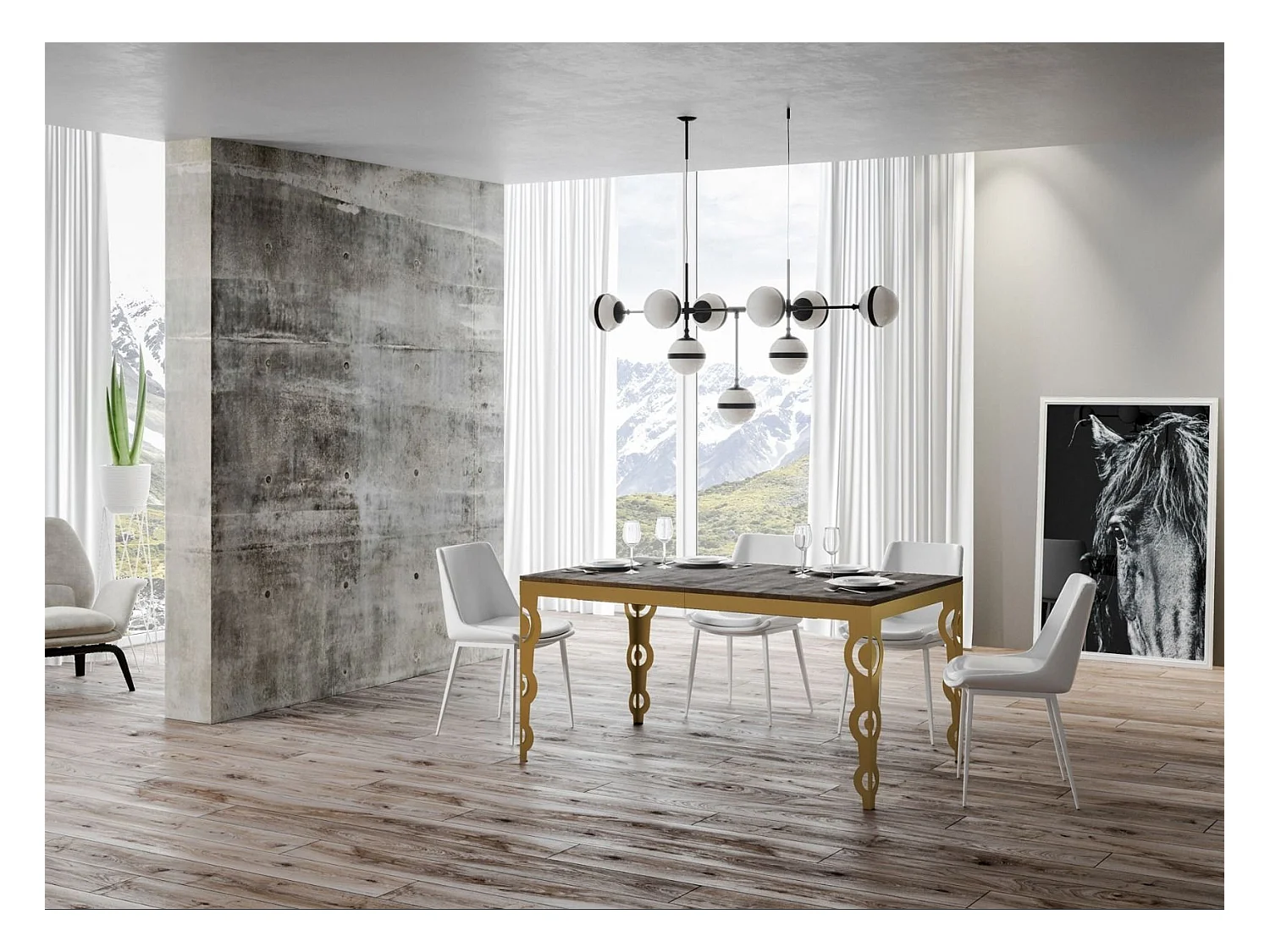 Table rectangulaire extensible orientale 6 à 10 personnes L 120 à 224cm bois foncé et cadre métal doré Kazay