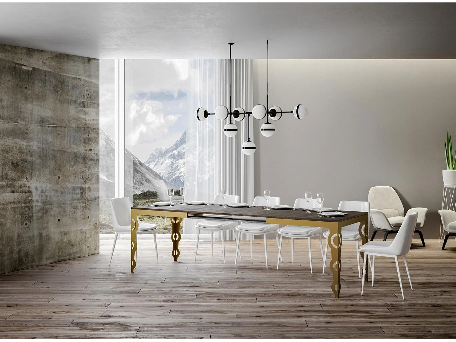 Oosterse uitschuifbare rechthoekige tafel voor 6 tot 10 personen L 120 tot 224 cm donker hout en goud metalen frame Kazay