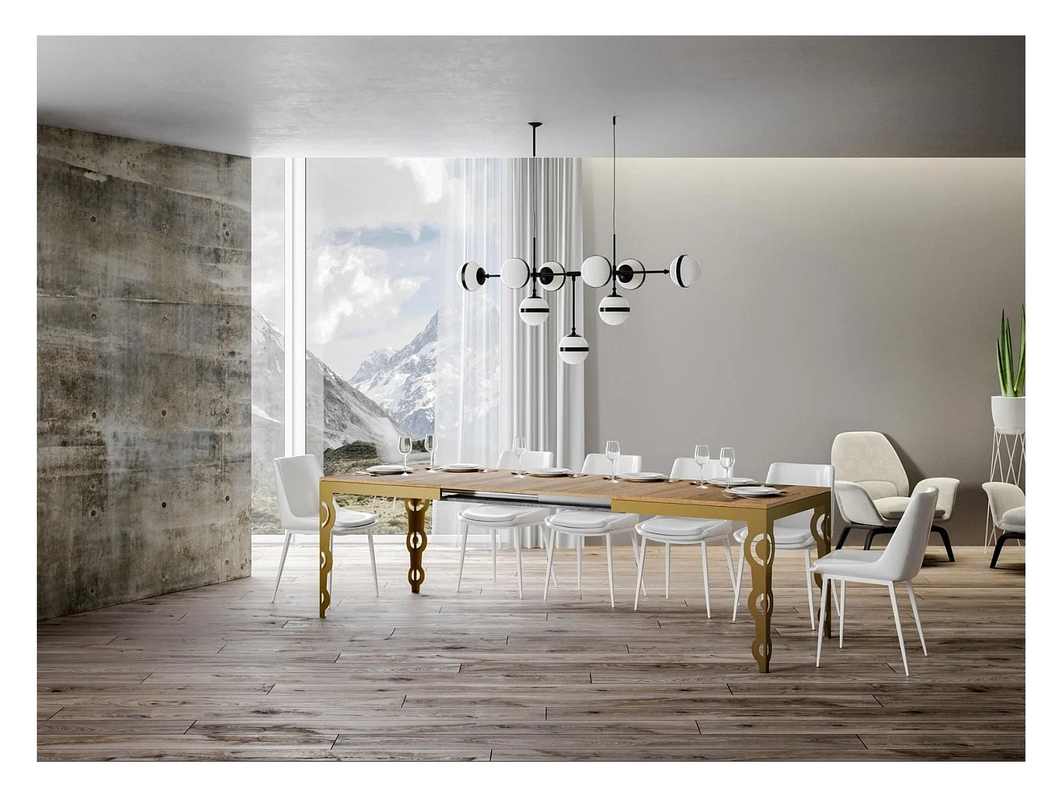 Table rectangulaire extensible orientale 6 à 10 personnes L 120 à 224cm bois clair et cadre métal doré Kazay