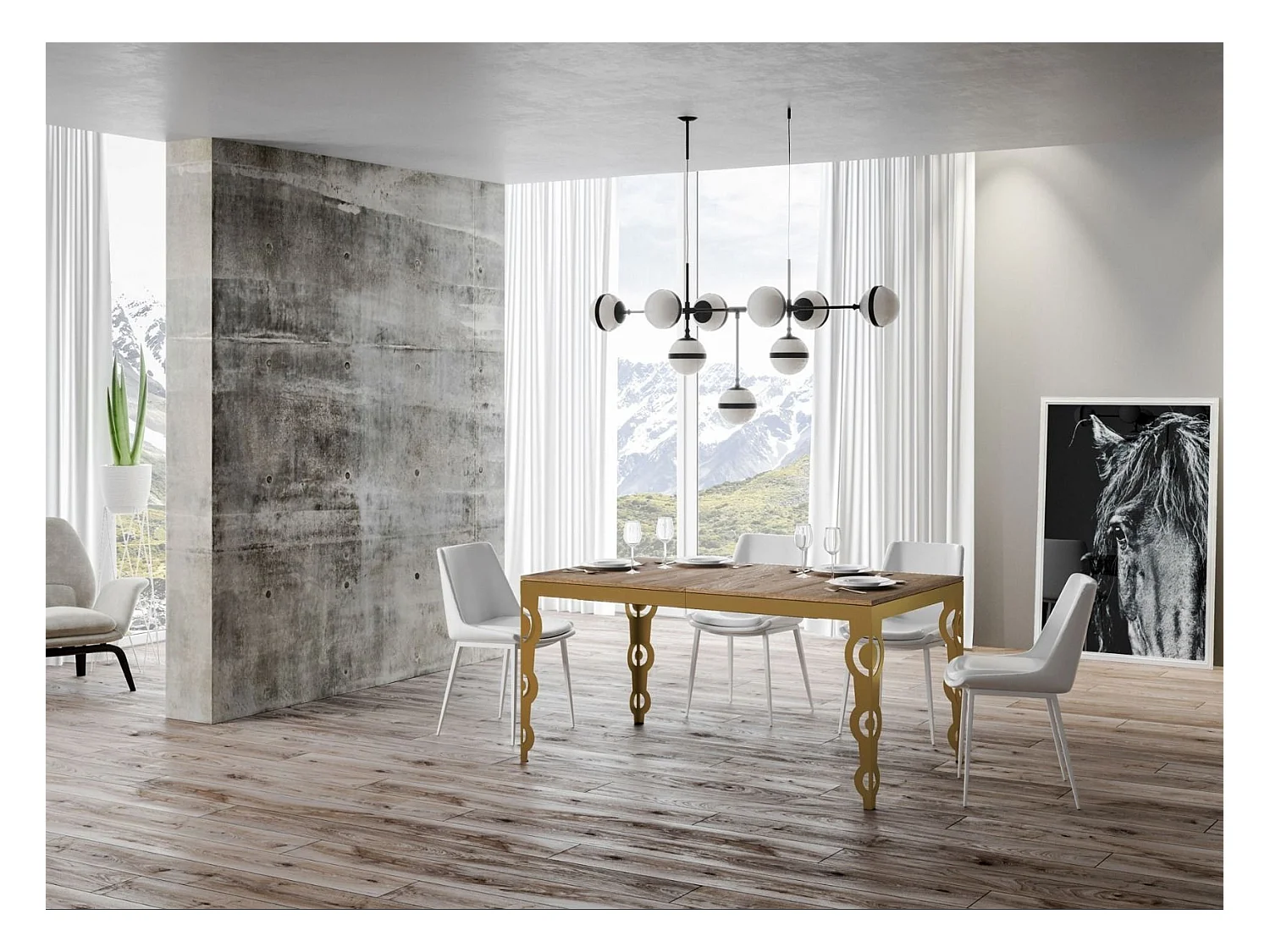 Table rectangulaire extensible orientale 6 à 10 personnes L 120 à 224cm bois clair et cadre métal doré Kazay