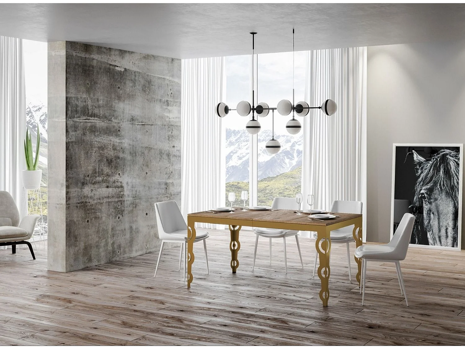 Table rectangulaire extensible orientale 6 à 10 personnes L 120 à 224cm bois clair et cadre métal doré Kazay