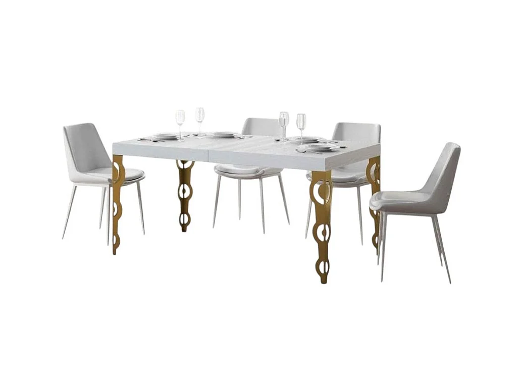 Table rectangulaire extensible orientale 6 à 20 personnes L 180 à 440cm blanc et pieds métal doré Kazay