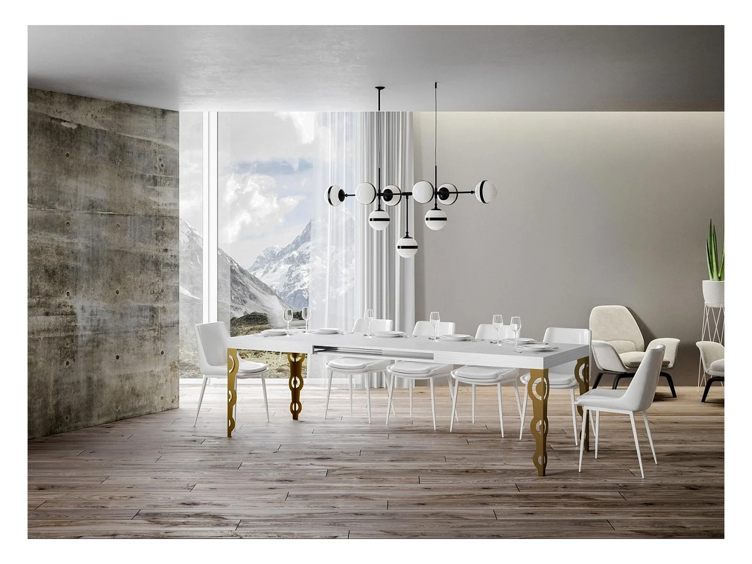 Table rectangulaire extensible orientale 6 à 20 personnes L 180 à 440cm blanc et pieds métal doré Kazay